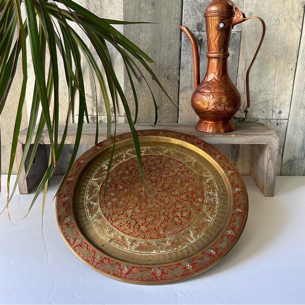 🌴Vintage Brass Intricate Indian Tray with Enamel Red and White Floral Design